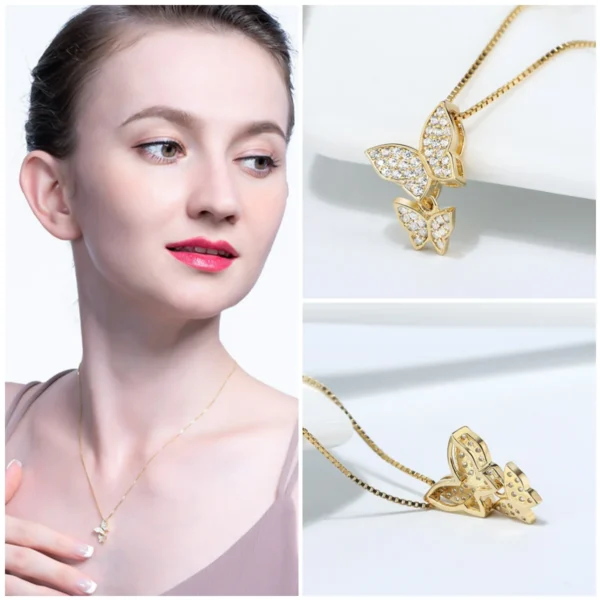 RINNTIN High Quality 14k Gold Plated 925 Sterling Silver Butterfly Necklace Earrings Jewelry Set for Women – Image 2