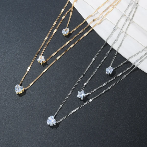 Fashion Rhinestone Star Heart Multilayer Necklace For Women Jewelry – Image 2