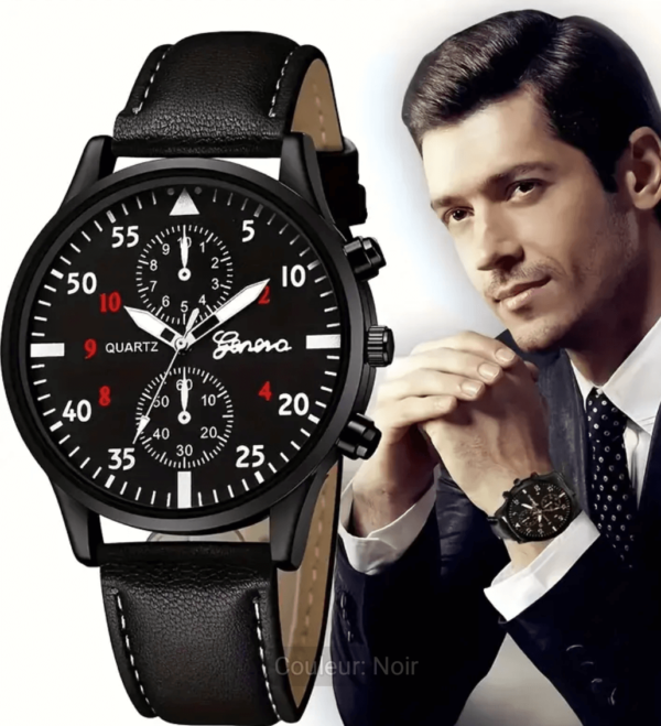 Men's - black - leather - watch – Image 3